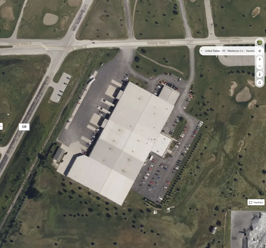 Overhead view of Stecker's 2008 building with addition